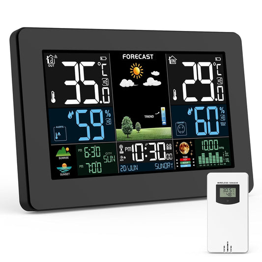 Brataste Weather Station Wireless Indoor Outdoor, Thermometer Wireless with Remote Sensor, Home Weather Station, Color Display Digital Weather Forecast, Humidity, Atomic Clock, Air Pressure for Home