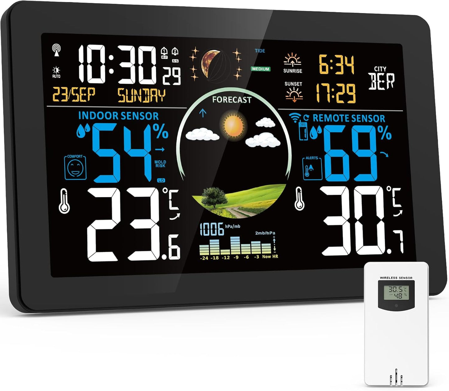 Weather Station Wireless Indoor Outdoor, Digital Thermometer with Sensor, 7.5'' HD VA Display Home Weather Stations, Accurate Temperature Humidity Gauge with Weather Forecast, Atomic Clock