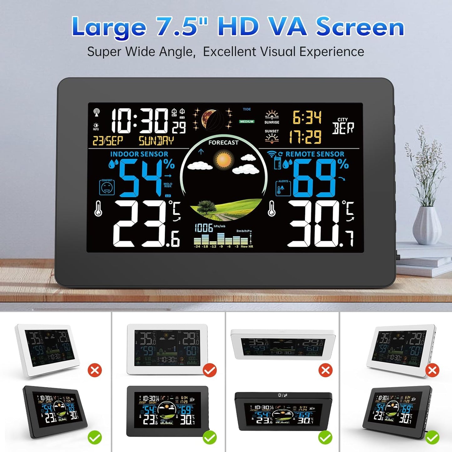 Weather Station Wireless Indoor Outdoor, Digital Thermometer with Sensor, 7.5'' HD VA Display Home Weather Stations, Accurate Temperature Humidity Gauge with Weather Forecast, Atomic Clock